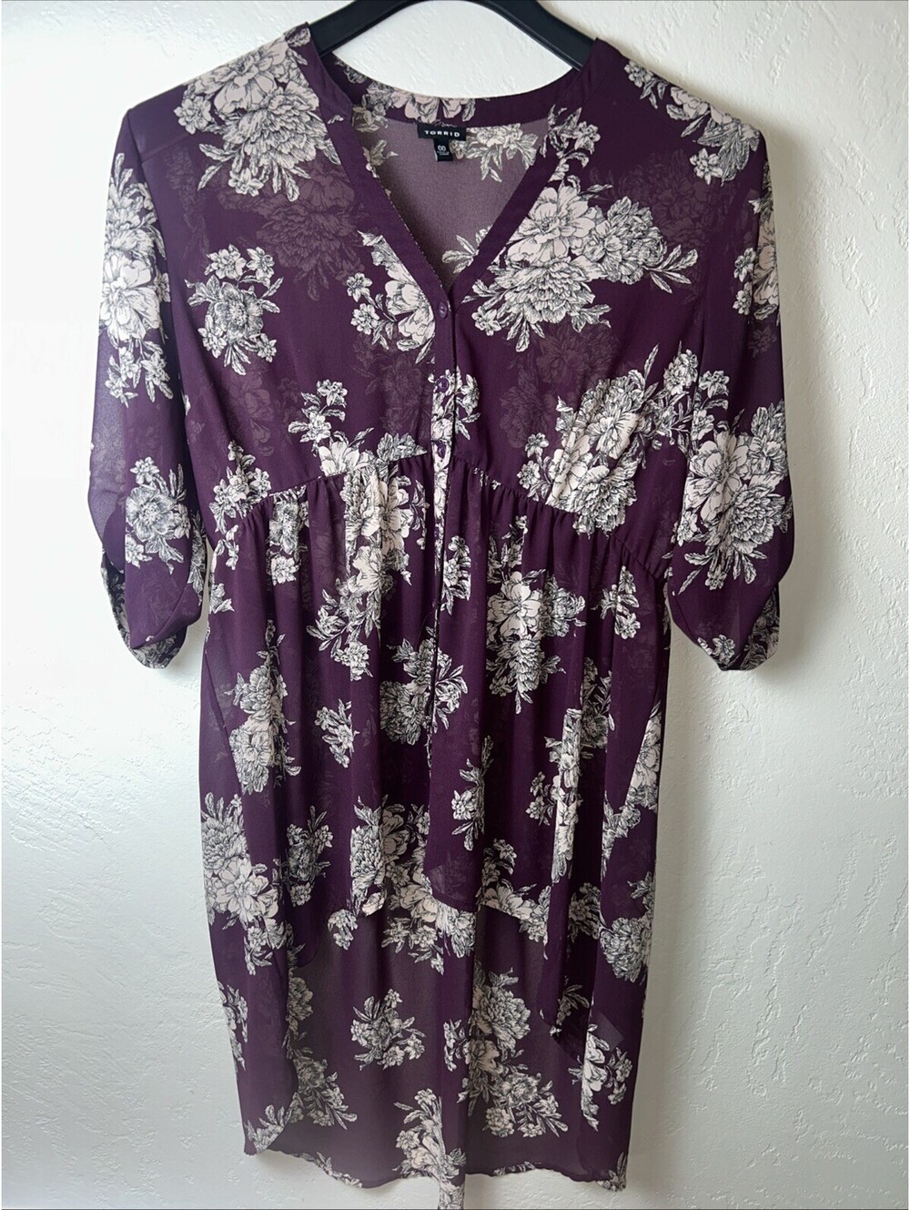 Torrid Tunic Top Womens 0 Mulberry Floral Tunic Hi Lo Hem Semi Sheer Chiffon